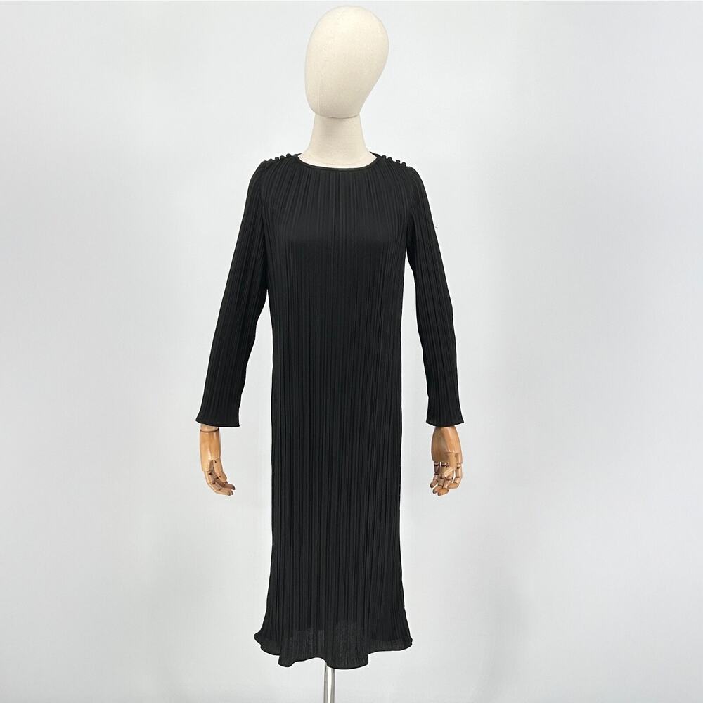 80s Vintage Kappi Black Micro Accordion Pleat Long Sleeve Midi Dress Size S